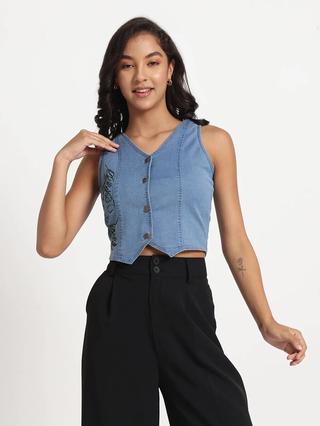 Nature's Grace Hand-Painted Buttoned Denim Top