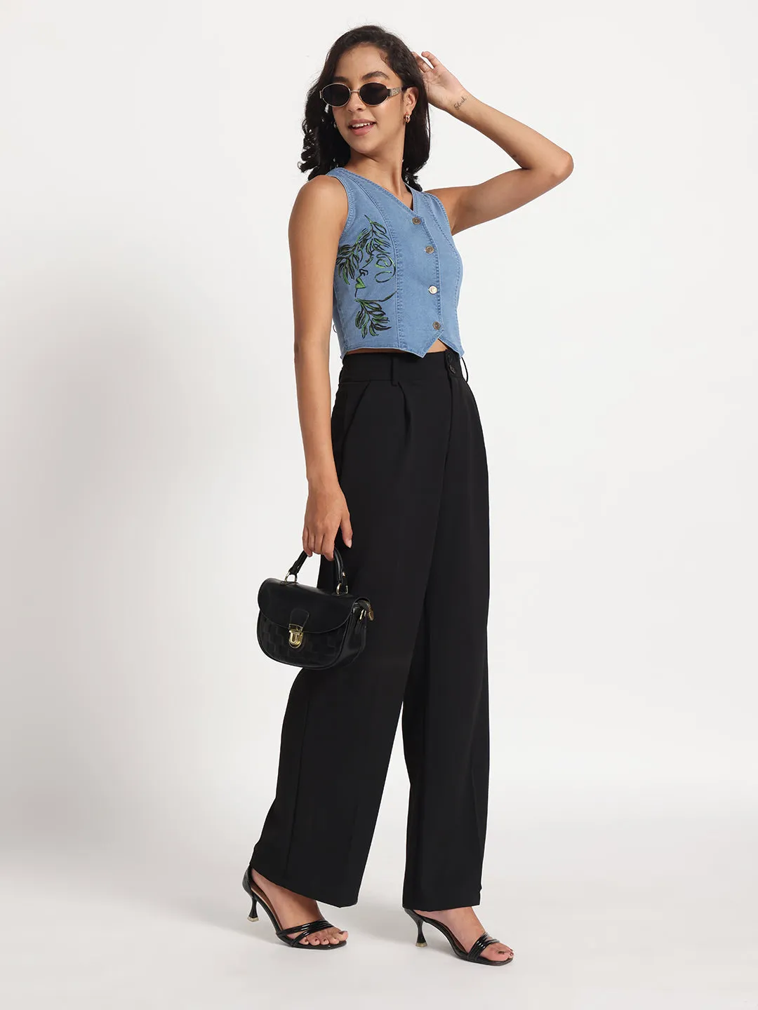 Nature's Grace Hand-Painted Buttoned Denim Top