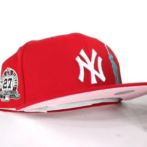 New York Yankees Statue of Liberty 27 World Championships 59Fifty New Era Fitted Hat (Red PINK Under Brim)