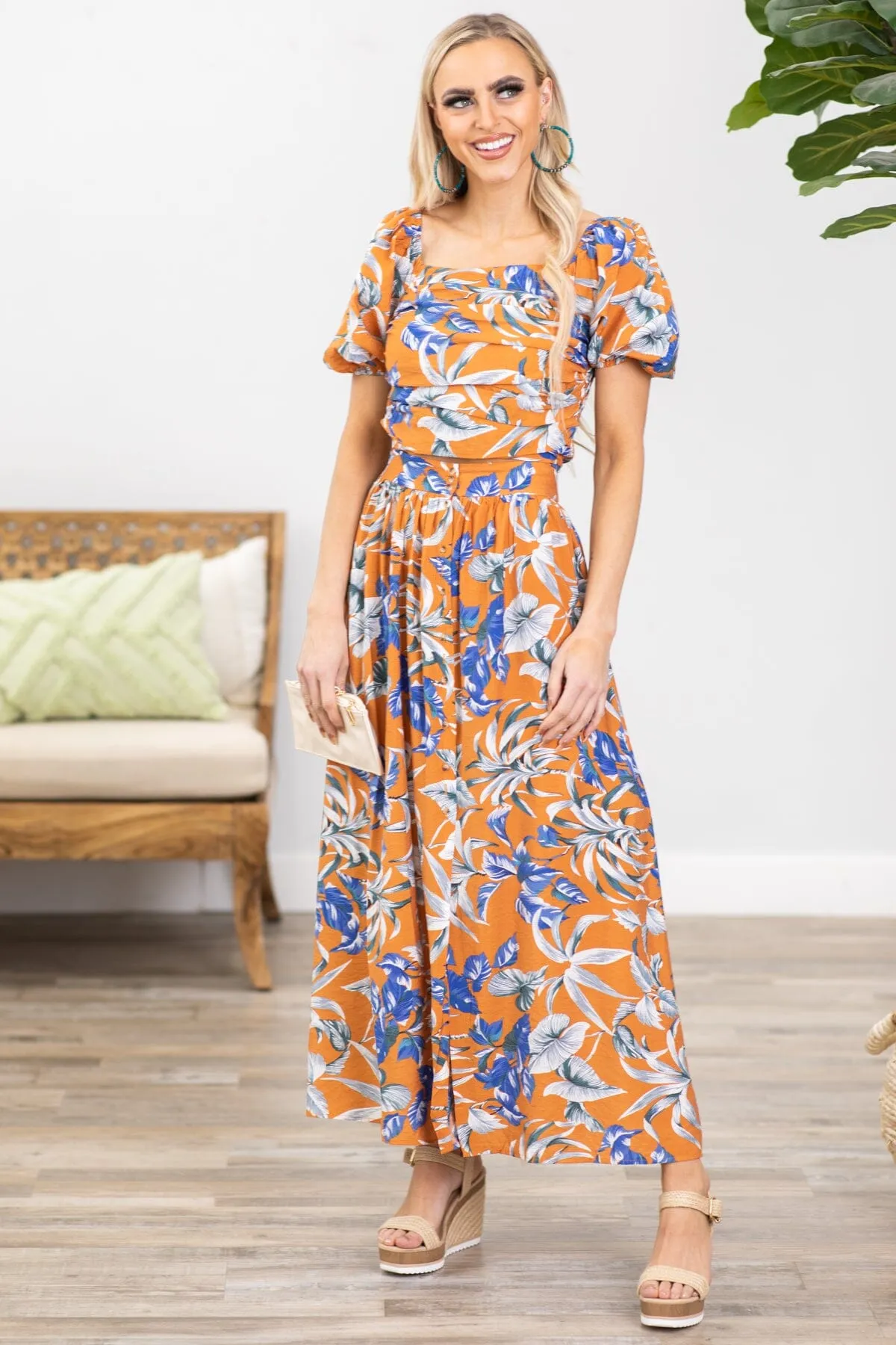 Orange and Cobalt Floral Maxi Skirt