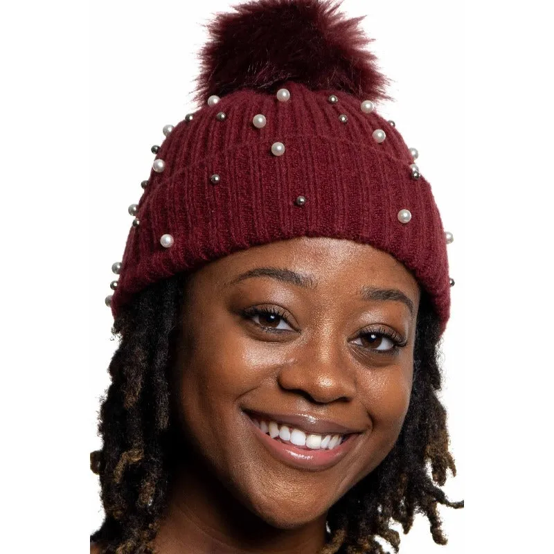Pearl and stud detachable pom pom beanie (4 Colors)
