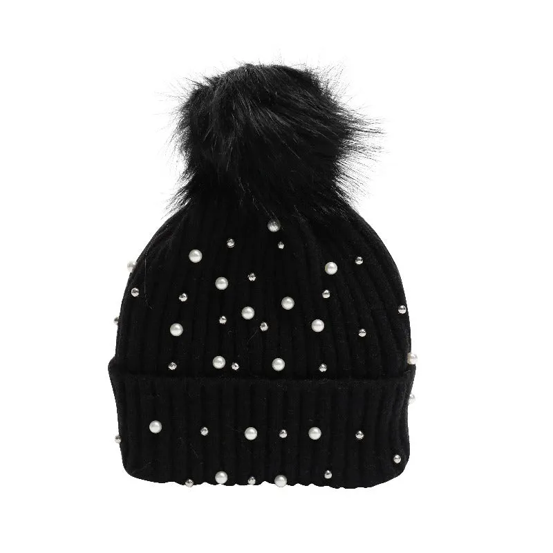 Pearl and stud detachable pom pom beanie (4 Colors)
