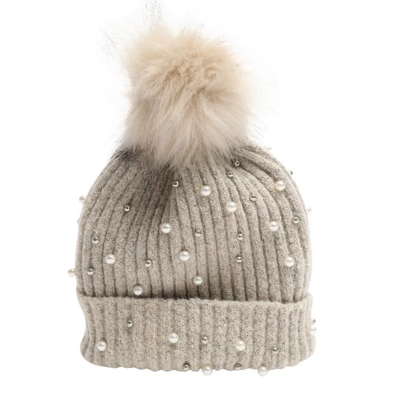 Pearl and stud detachable pom pom beanie (4 Colors)
