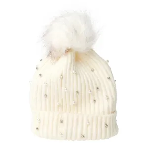 Pearl and stud detachable pom pom beanie (4 Colors)