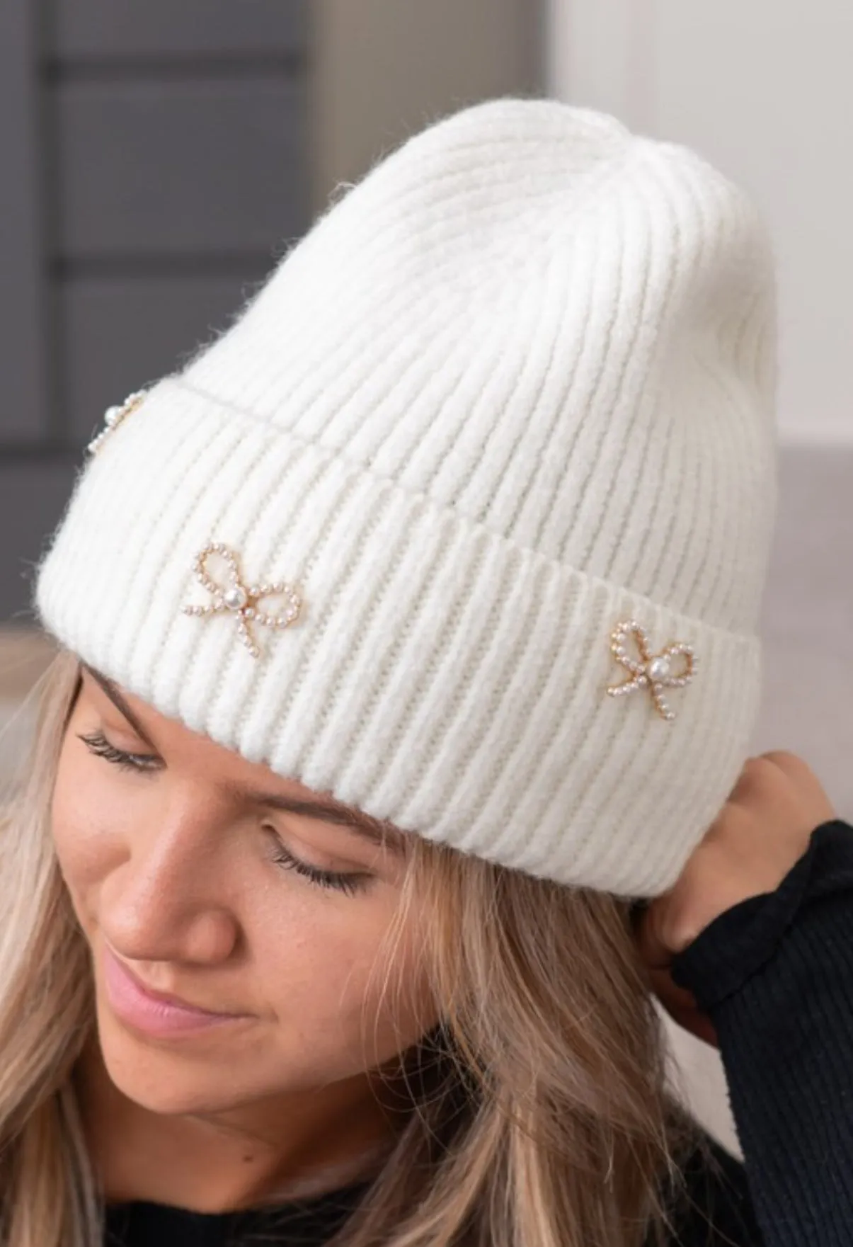 Pearl Cuff Bow Charm Beanie- More Colors