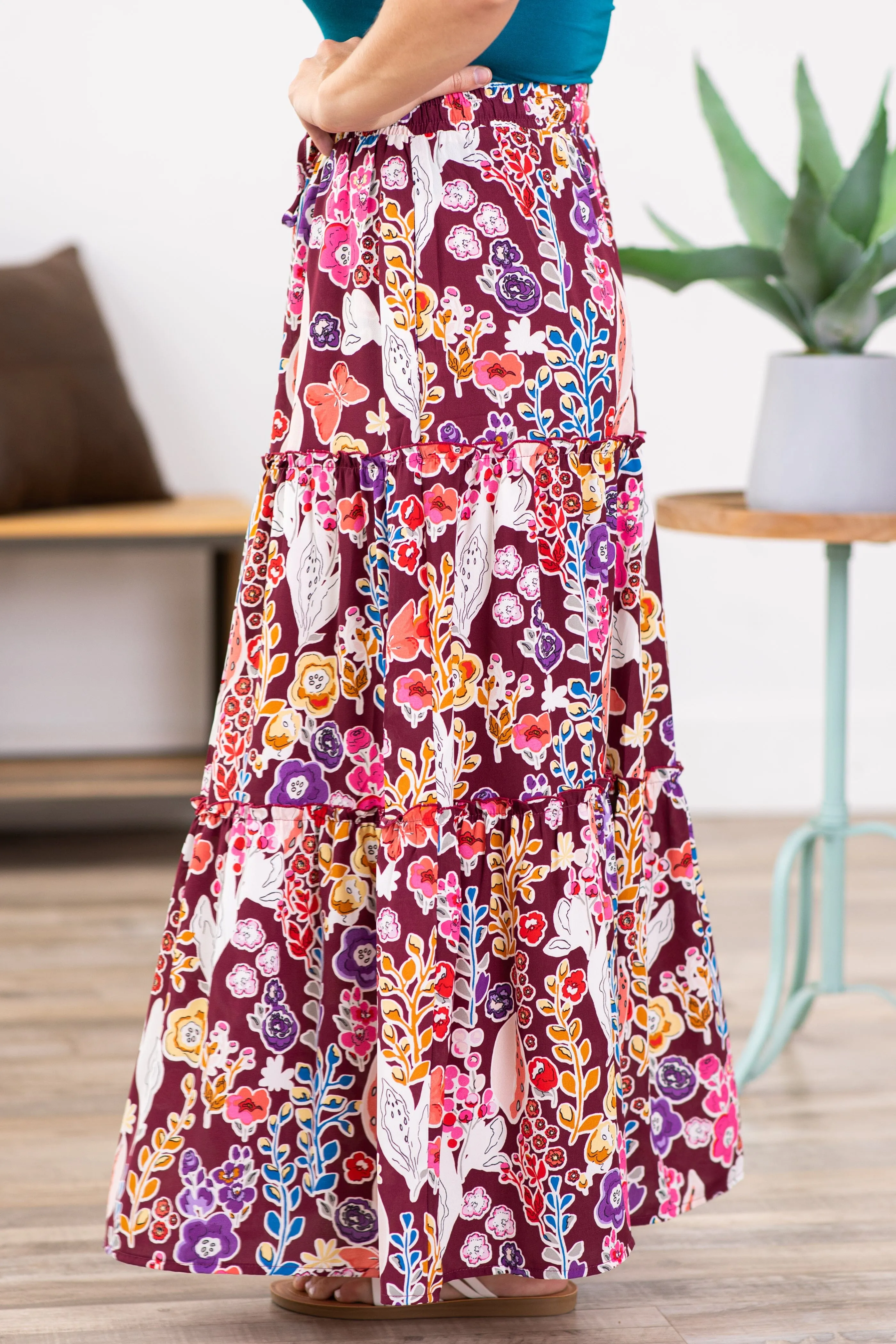 Pink Multicolor Floral Tiered Maxi Skirt