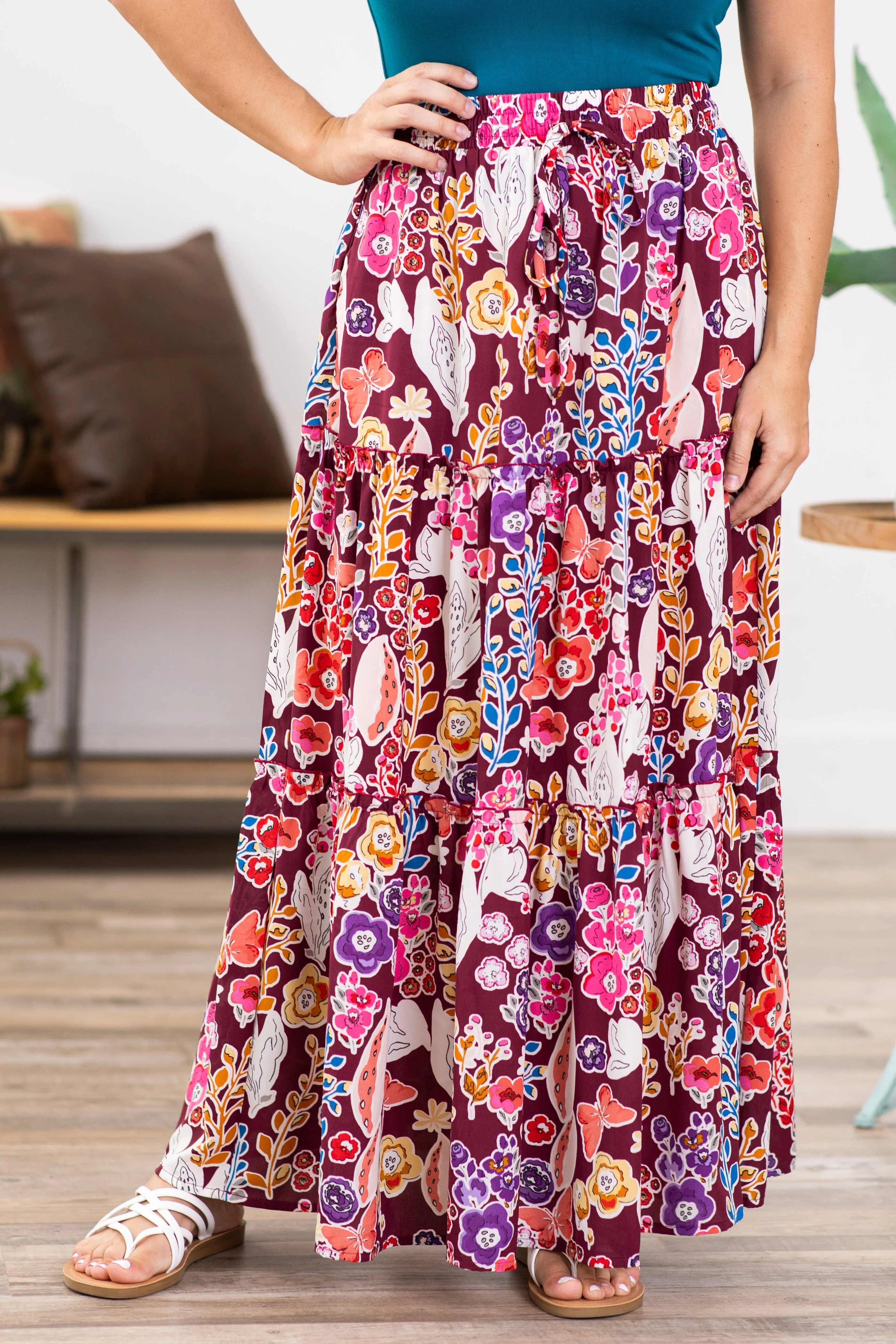Pink Multicolor Floral Tiered Maxi Skirt