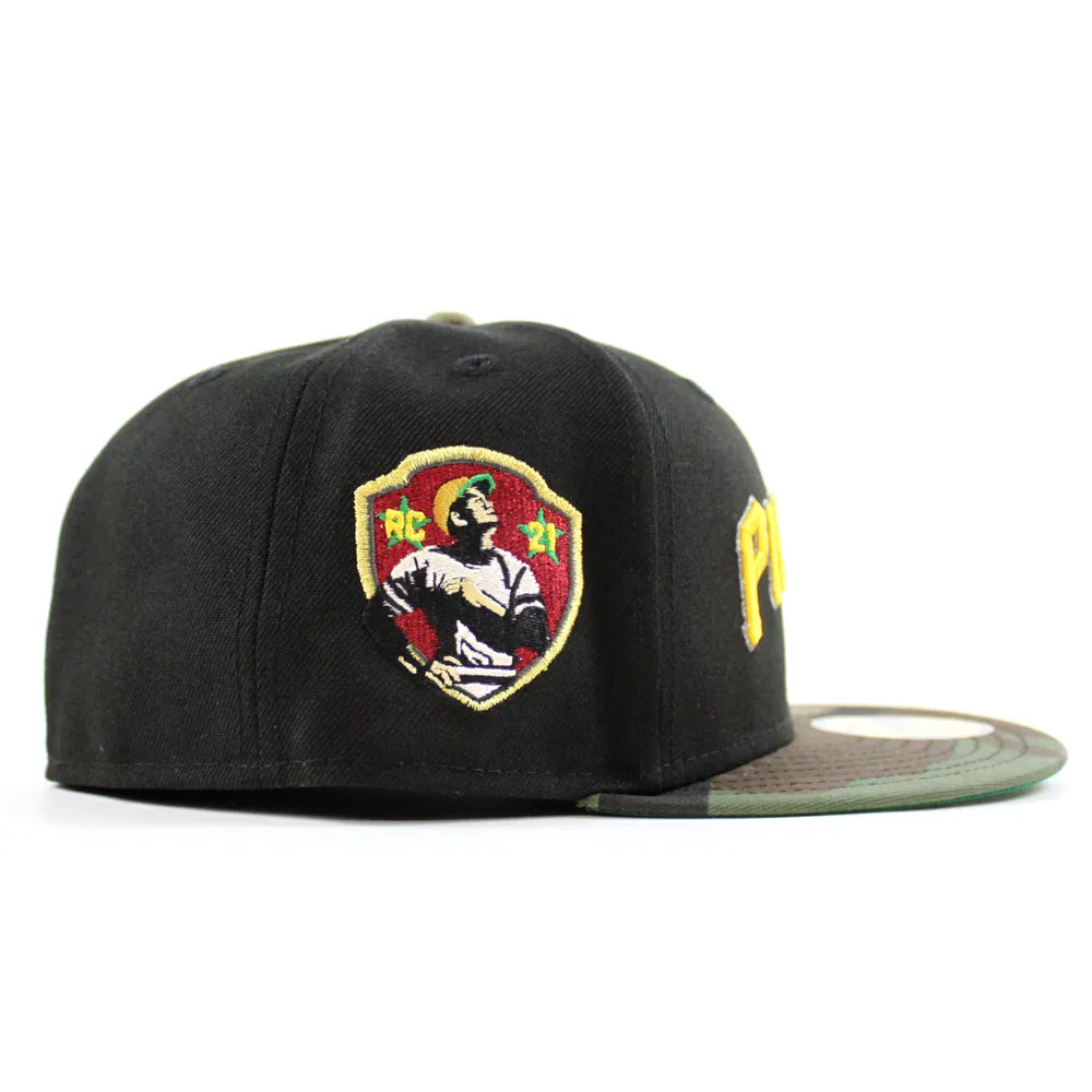 Pittsburgh Pirates Roberto Calmente  59Fifty New Era Fitted Hats (Black WoodLand Camo Green Brim)