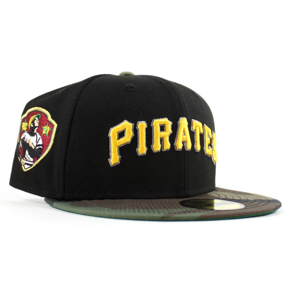 Pittsburgh Pirates Roberto Calmente  59Fifty New Era Fitted Hats (Black WoodLand Camo Green Brim)