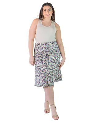 Plus Size Black Floral Print Elastic Waist Below Knee Length Skirt