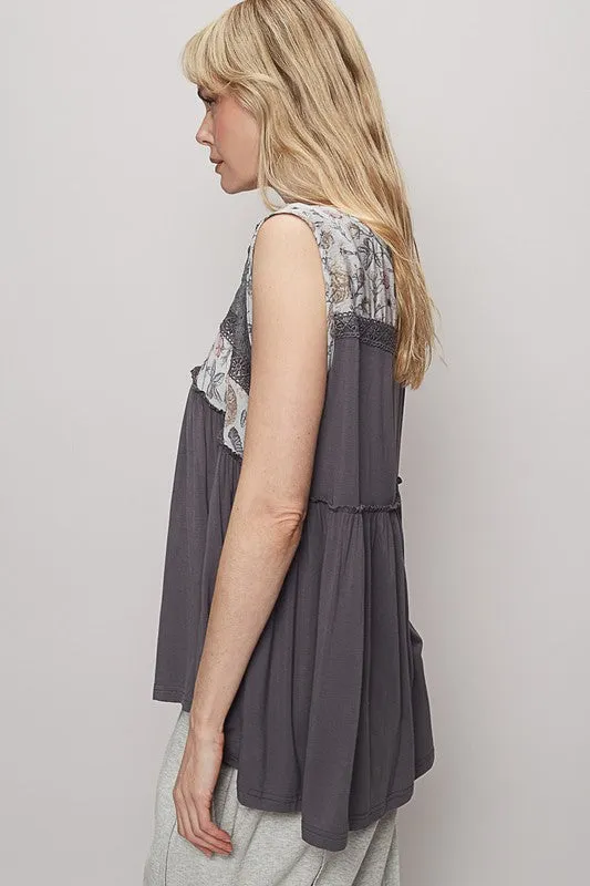 POL Lace Detail Frill Floral V-Neck Sleeveless Top