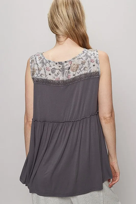 POL Lace Detail Frill Floral V-Neck Sleeveless Top