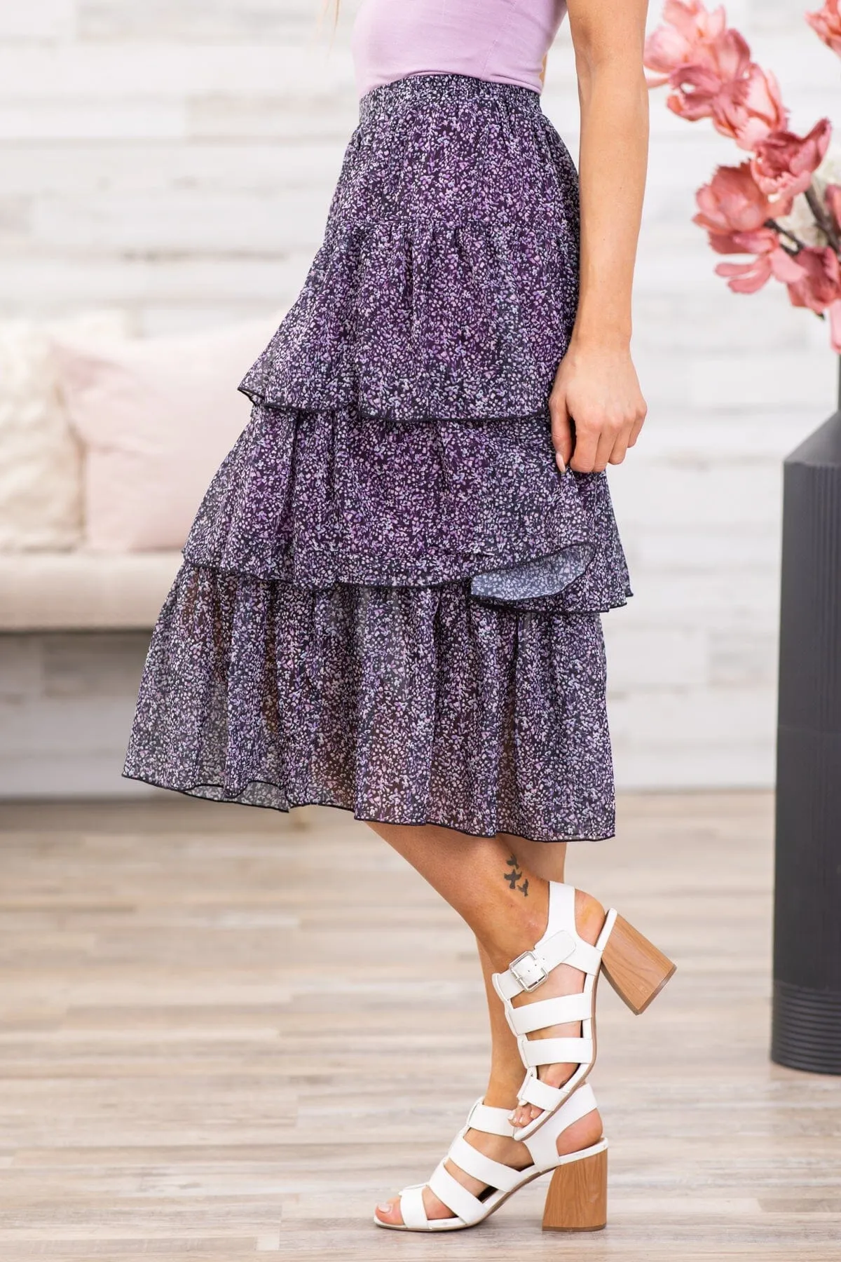 Purple and Blue Floral Tiered Midi Skirt
