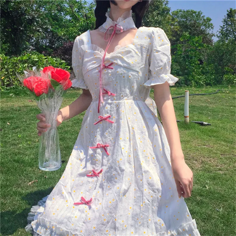"WHITE DAISY FLORAL CUTE BOW" DRESS N041203