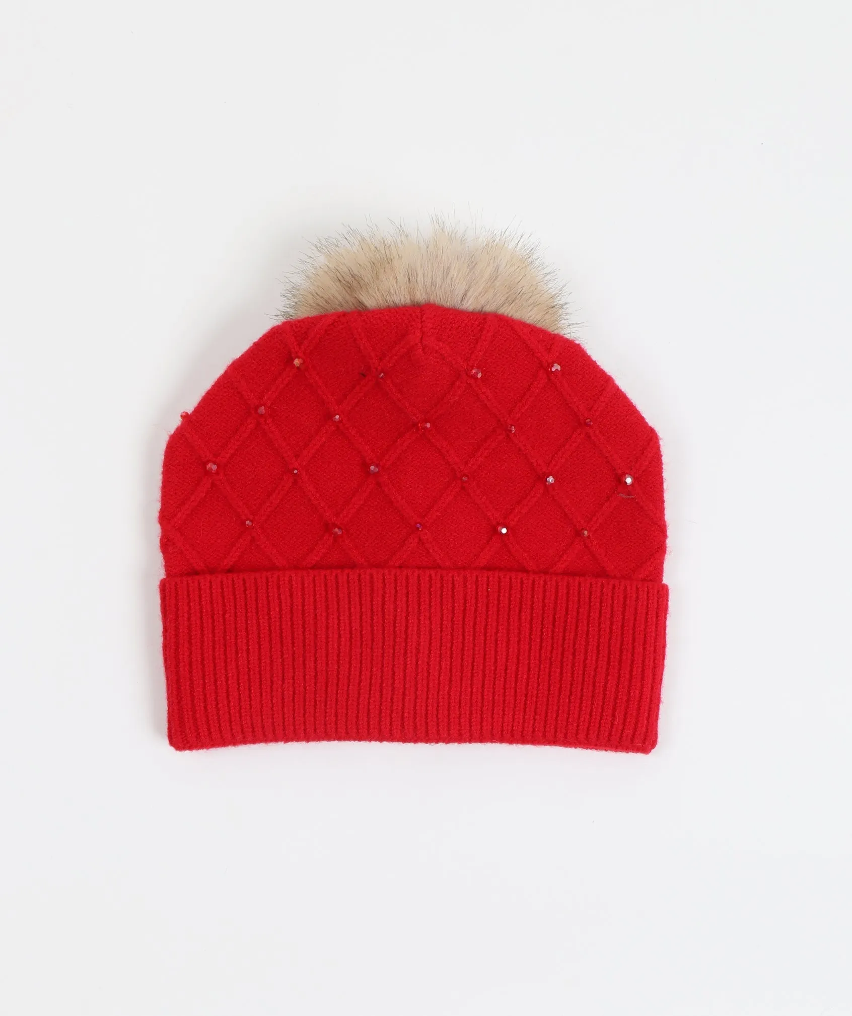 Red Rhinestone Jewelled Beanie Hat with Contrast Faux Fur Pom Pom