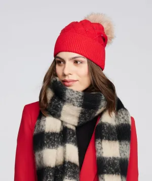 Red Rhinestone Jewelled Beanie Hat with Contrast Faux Fur Pom Pom