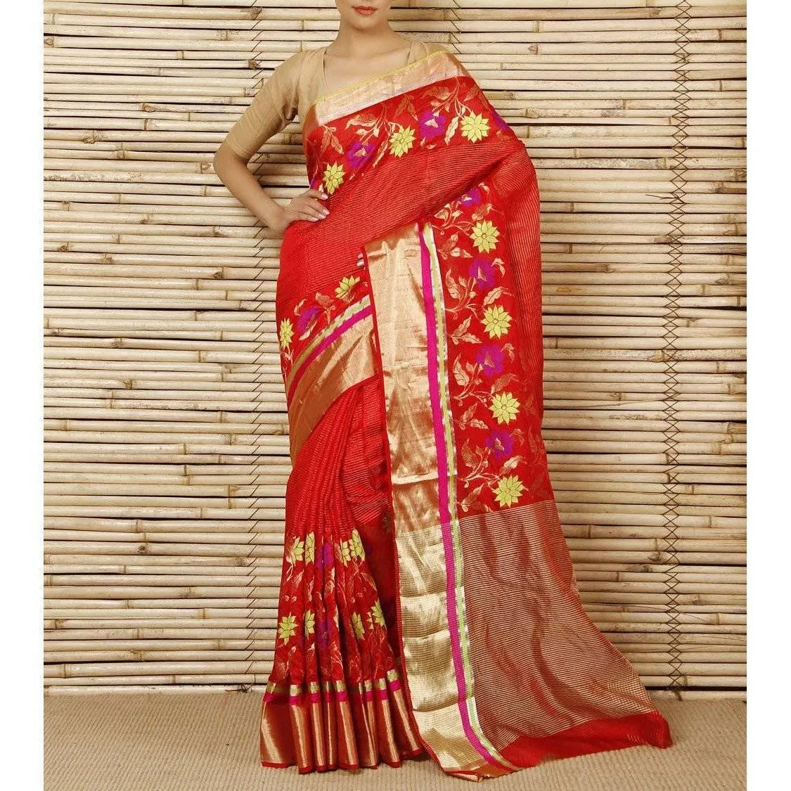 Red Silk Zari Stripes And Border & Skirt Pattern Chanderi Saree