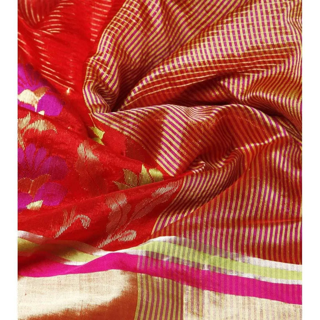 Red Silk Zari Stripes And Border & Skirt Pattern Chanderi Saree