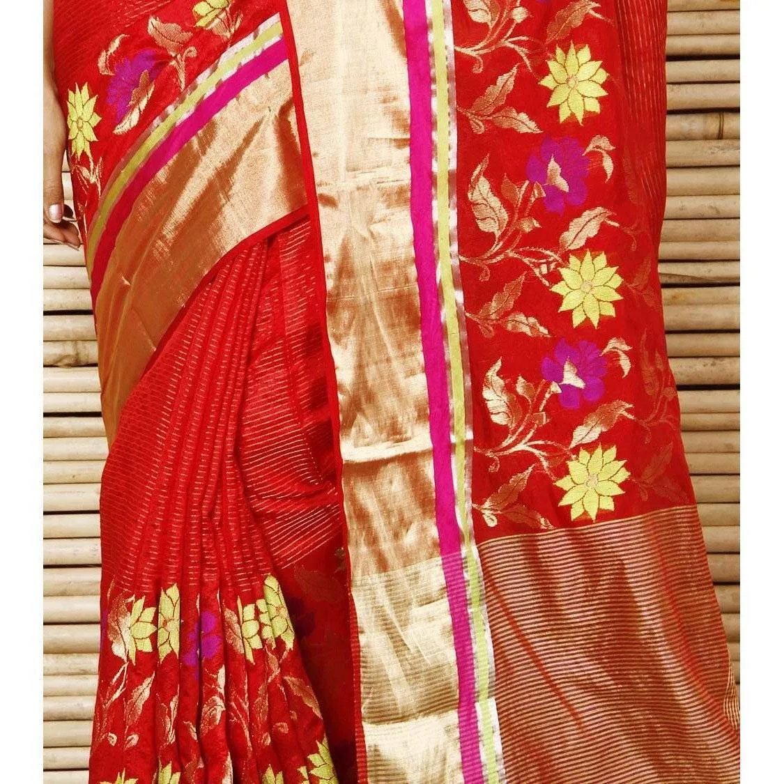 Red Silk Zari Stripes And Border & Skirt Pattern Chanderi Saree