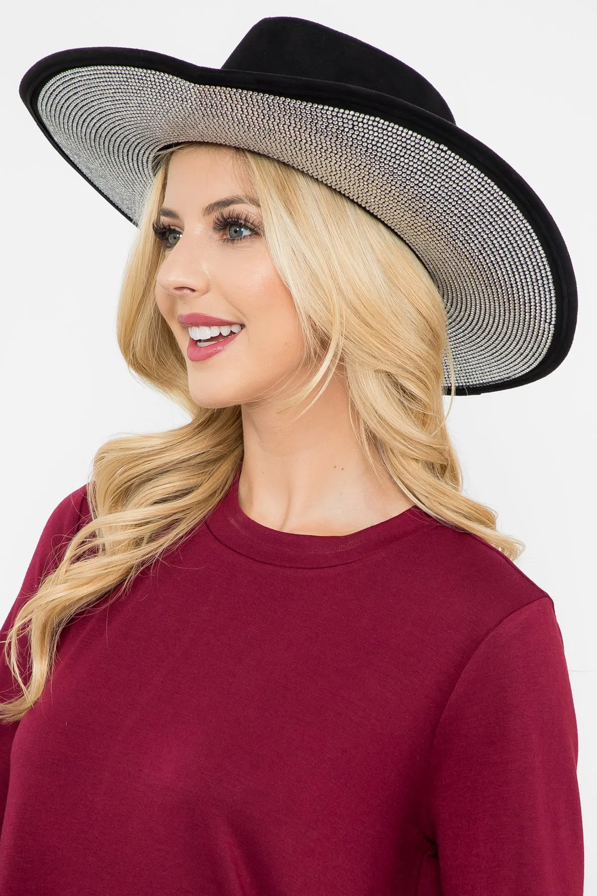 RHINESTONE GLITTER BRIM FEDORA HAT