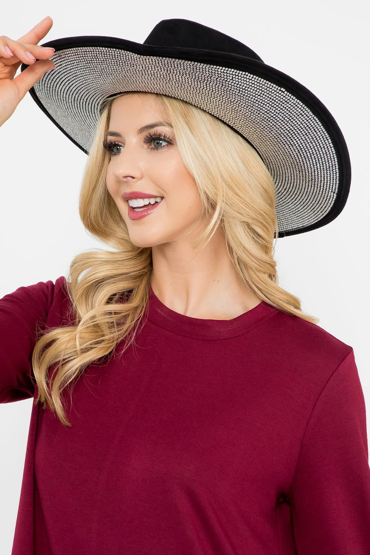 RHINESTONE GLITTER BRIM FEDORA HAT