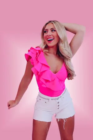 Ryleigh One Shoulder Ruffled Bodysuit - Hot Pink