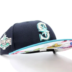 Seattle Mariners 2001 All Star Game New Era 59Fifty Fitted Hat (Glow in the Dark Logo Navy Aqua Floral Under Brim)