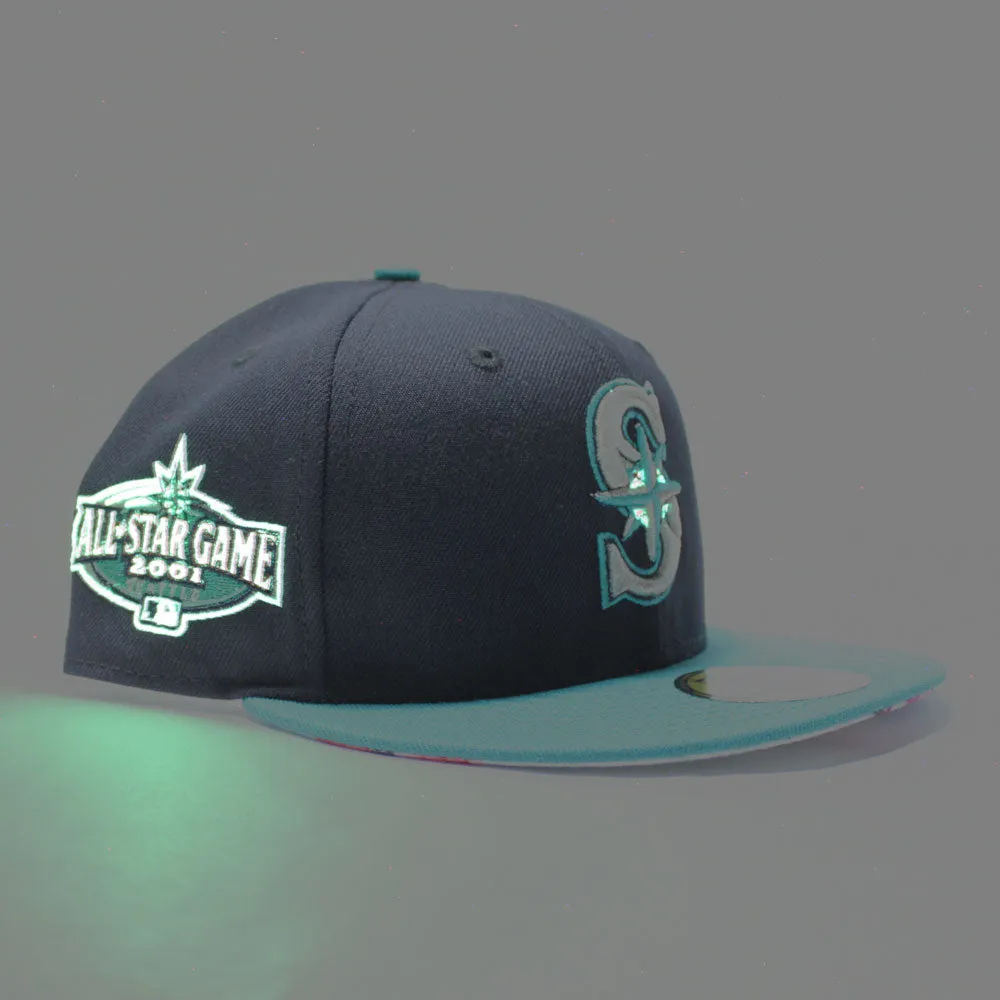Seattle Mariners 2001 All Star Game New Era 59Fifty Fitted Hat (Glow in the Dark Logo Navy Aqua Floral Under Brim)
