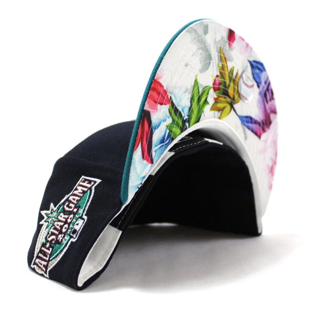 Seattle Mariners 2001 All Star Game New Era 59Fifty Fitted Hat (Glow in the Dark Logo Navy Aqua Floral Under Brim)