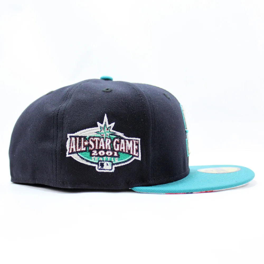Seattle Mariners 2001 All Star Game New Era 59Fifty Fitted Hat (Glow in the Dark Logo Navy Aqua Floral Under Brim)