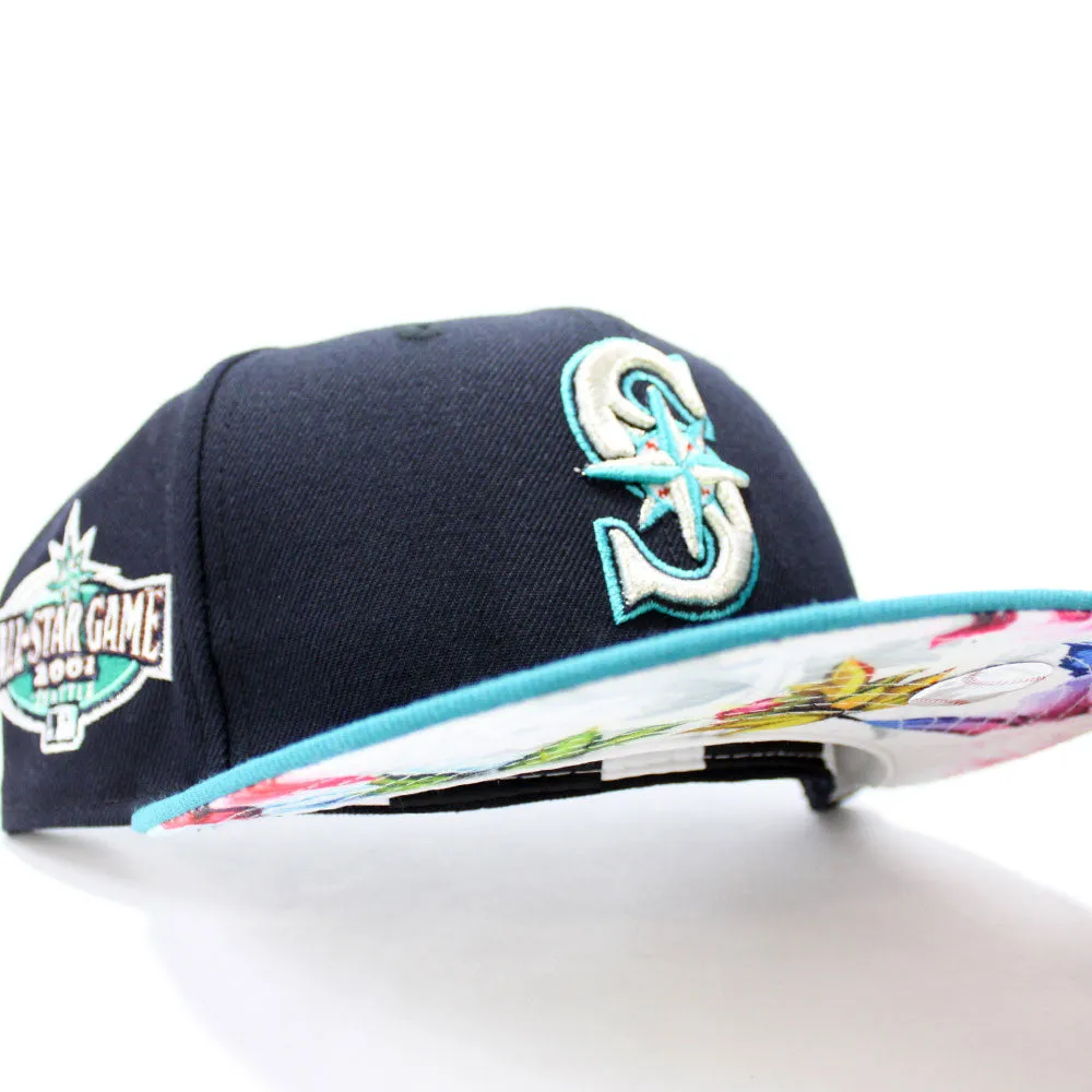 Seattle Mariners 2001 All Star Game New Era 59Fifty Fitted Hat (Glow in the Dark Logo Navy Aqua Floral Under Brim)