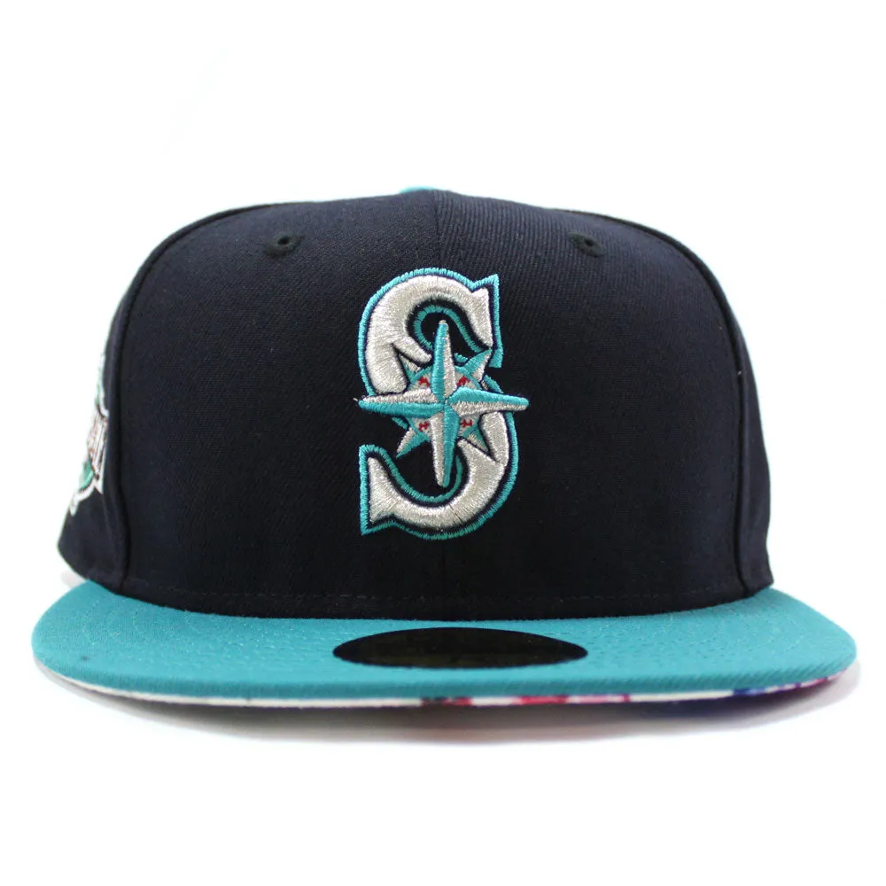 Seattle Mariners 2001 All Star Game New Era 59Fifty Fitted Hat (Glow in the Dark Logo Navy Aqua Floral Under Brim)