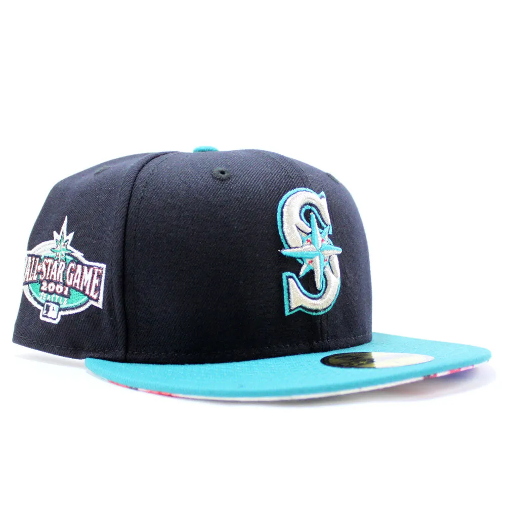 Seattle Mariners 2001 All Star Game New Era 59Fifty Fitted Hat (Glow in the Dark Logo Navy Aqua Floral Under Brim)