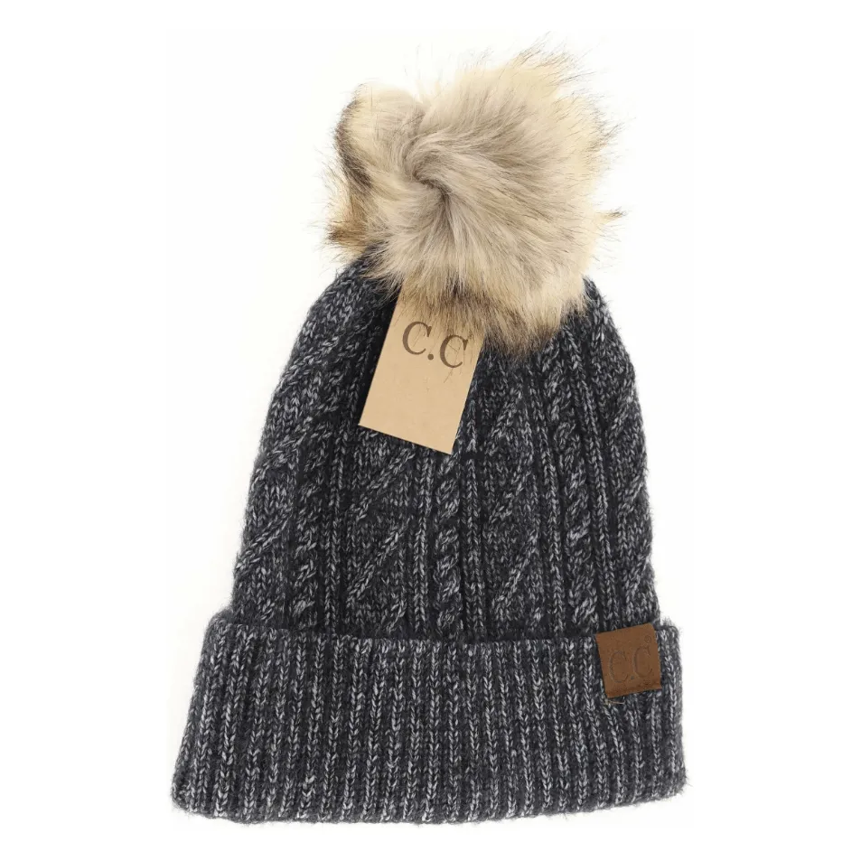 Soft Cuff Cable Knit Fur Pom C.C Beanie