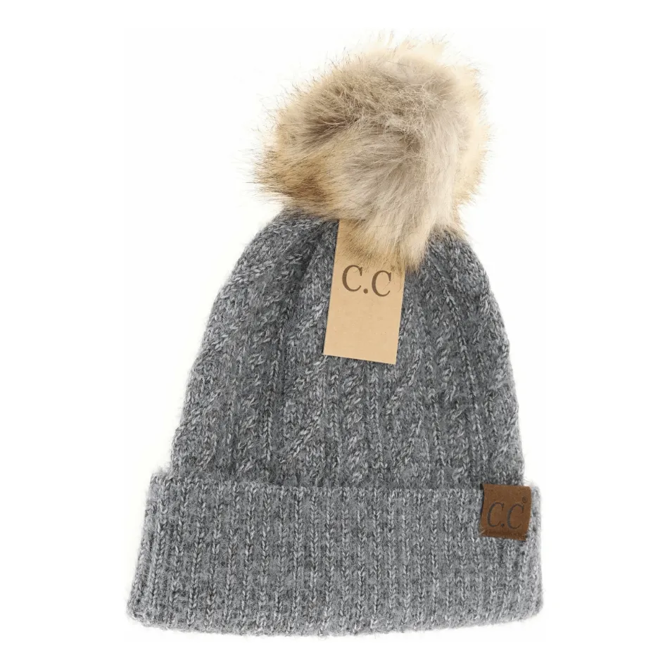 Soft Cuff Cable Knit Fur Pom C.C Beanie