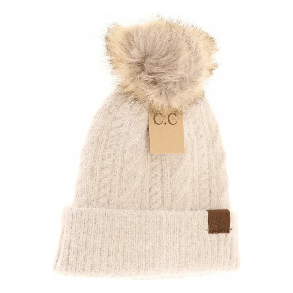 Soft Cuff Cable Knit Fur Pom C.C Beanie