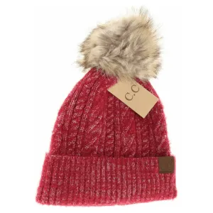 Soft Cuff Cable Knit Fur Pom C.C Beanie