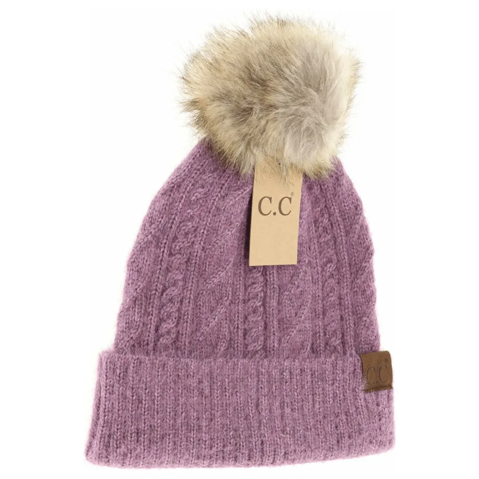 Soft Cuff Cable Knit Fur Pom C.C Beanie