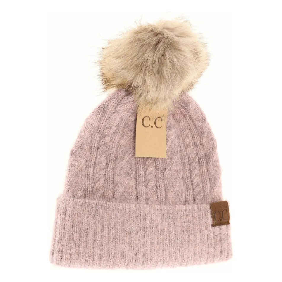 Soft Cuff Cable Knit Fur Pom C.C Beanie