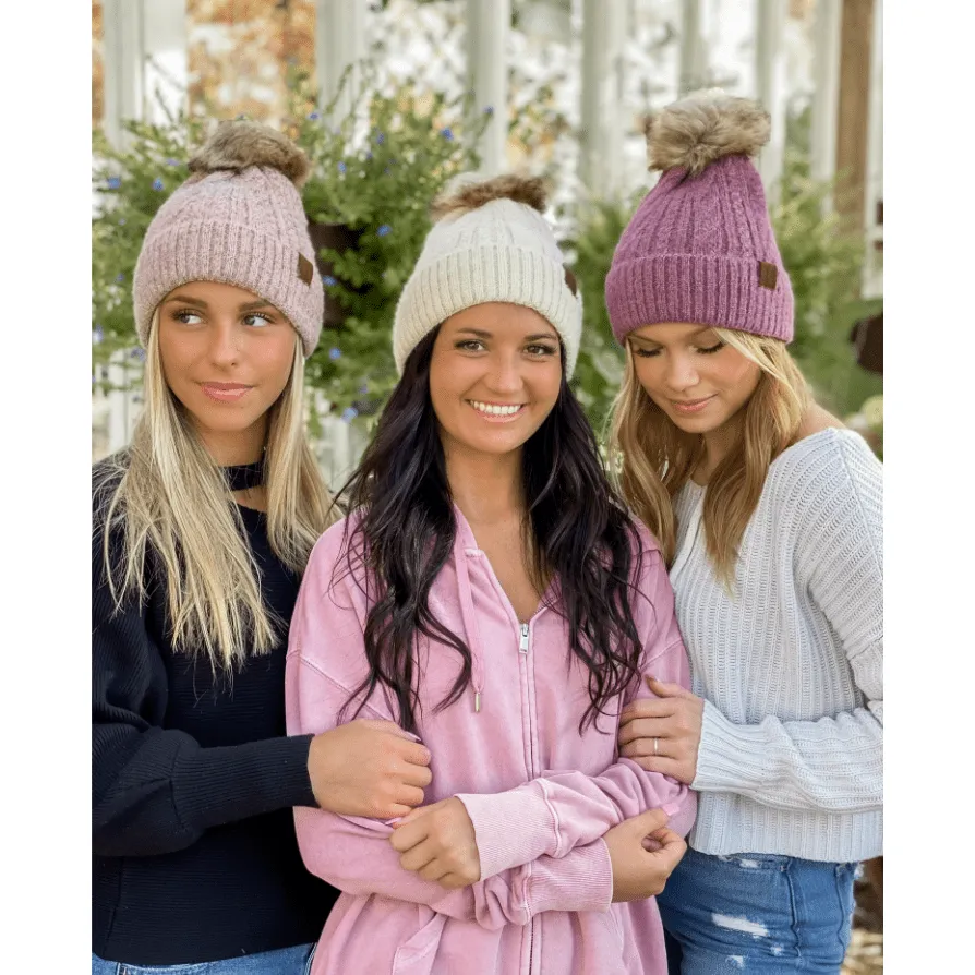 Soft Cuff Cable Knit Fur Pom C.C Beanie