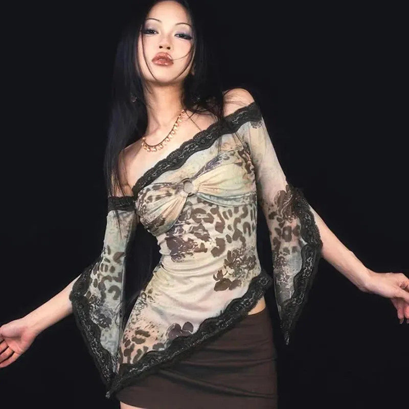 Spring Vintage Asymmetrical Bow Top with Lace and Flared Sleeves