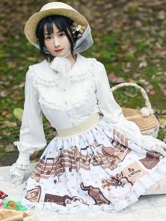 Sweet Lolita Overskirt Floral Print Coffee Brown Lace Sweet Lolita Skirts