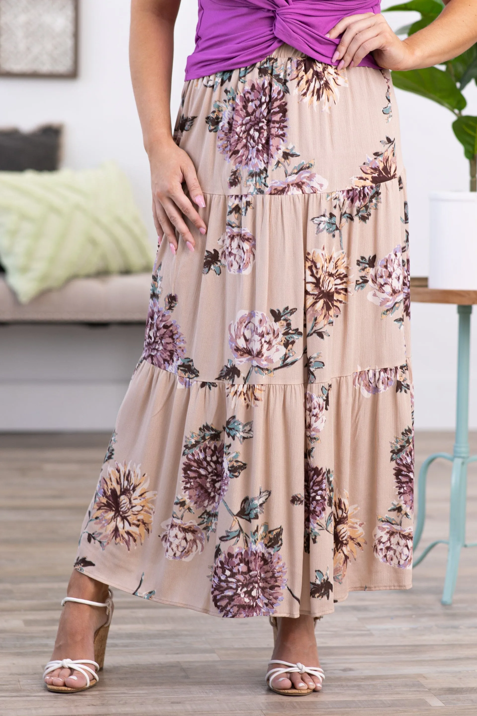 Tan and Dusty Rose Floral Maxi Skirt