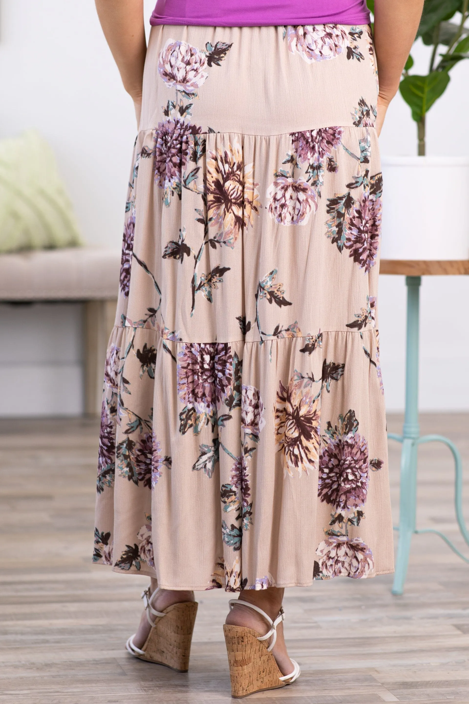 Tan and Dusty Rose Floral Maxi Skirt