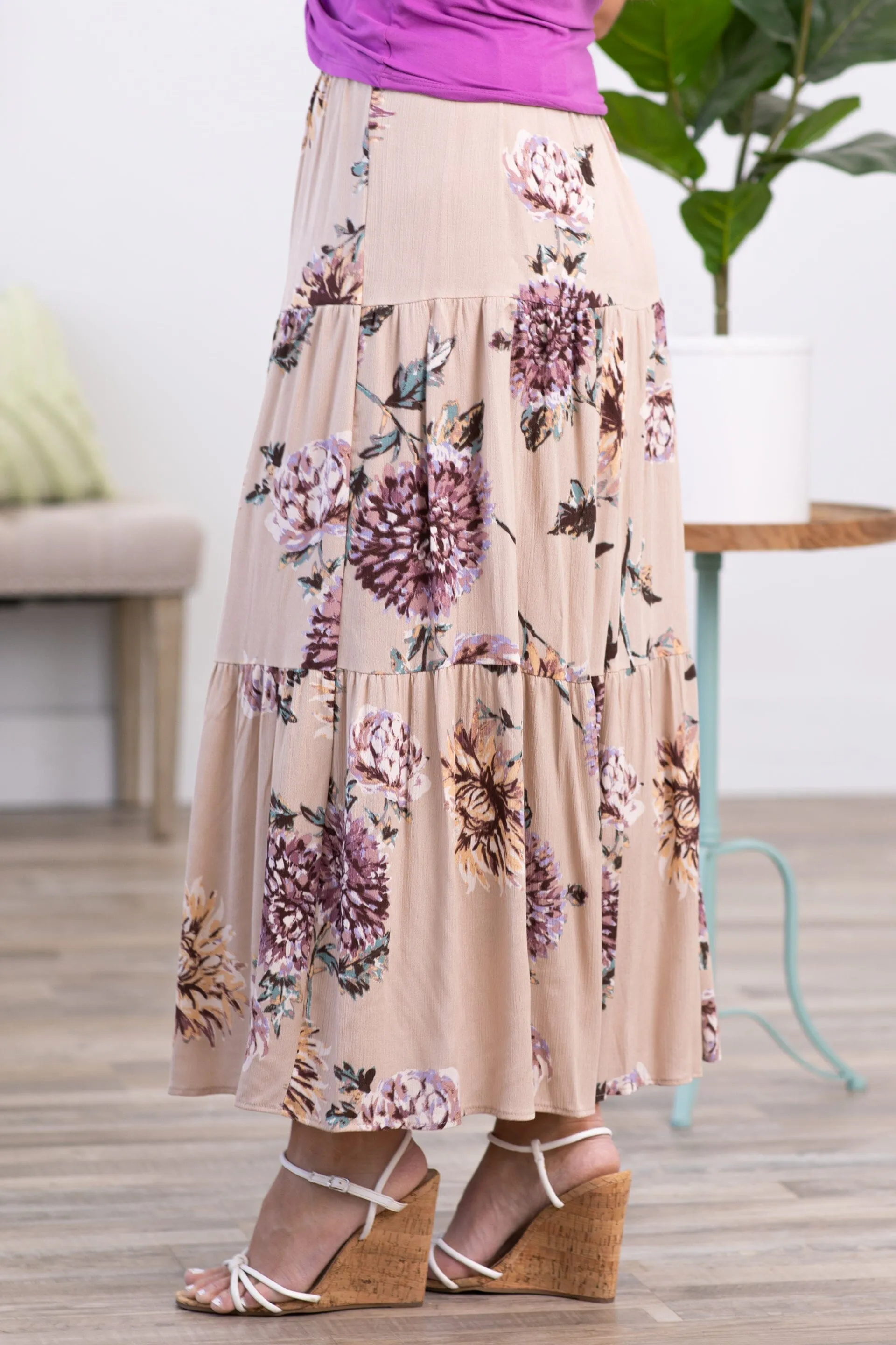 Tan and Dusty Rose Floral Maxi Skirt