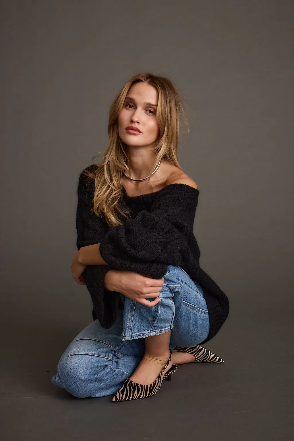 Tavern Black Off the Shoulder Cable Knit Sweater
