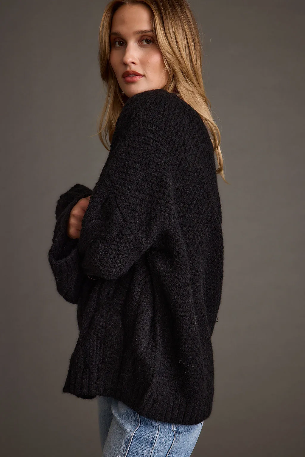 Tavern Black Off the Shoulder Cable Knit Sweater