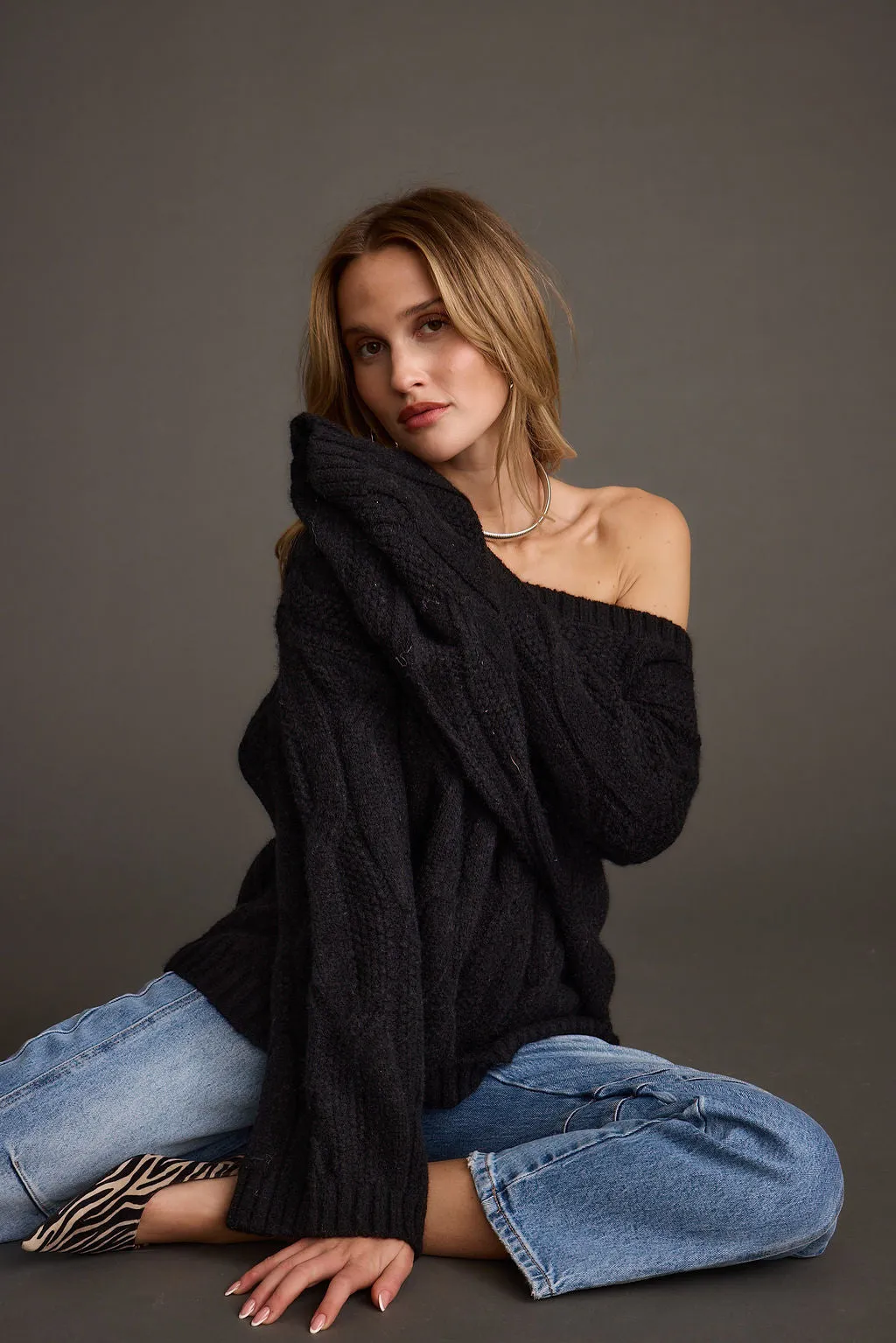 Tavern Black Off the Shoulder Cable Knit Sweater