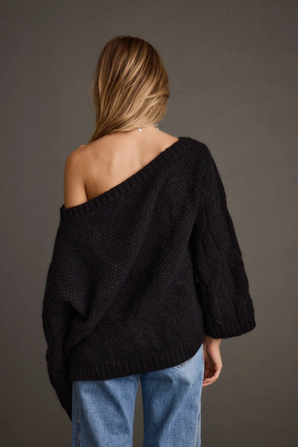 Tavern Black Off the Shoulder Cable Knit Sweater