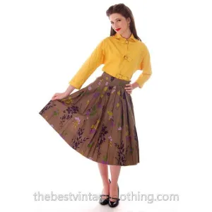 Vintage Pleated Cotton Skirt 1950s Colorful Floral Print  28" Waist